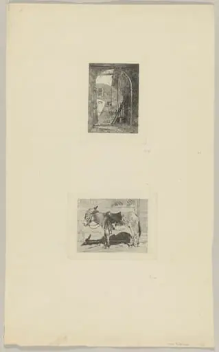 Lombard Farmhouse (above); Saddled Donkey Standing in Front of a Shop (below), by Luca Beltrami