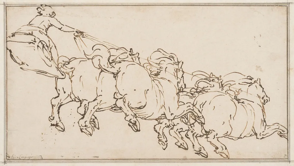 A team of four horses drawing a chariot, by Luca Cambiaso, 1550