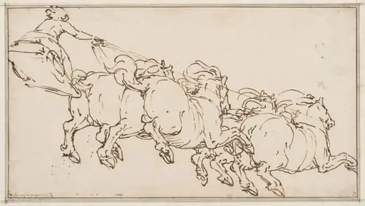 A team of four horses drawing a chariot, by Luca Cambiaso