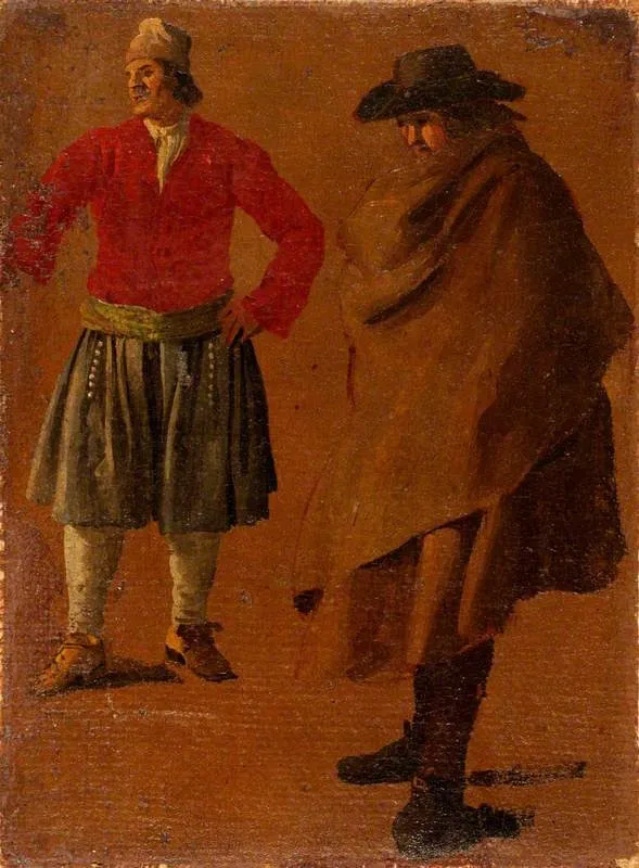 Two Studies of Men, by Luca Carlevarijs, oil, 1705