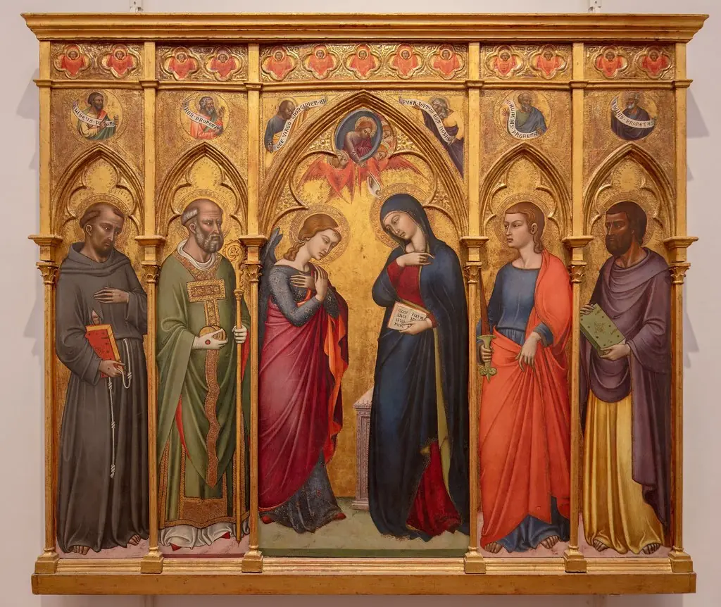 Annunciation with SS. Francis, Nicholas, Thomas, and Evangelist, by Luca di Tommè