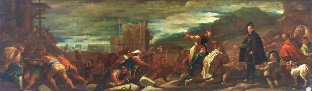 Felipe II, con sus arquitectos, inspecciona las obras de El Escorial, by Luca Giordano, oil, 1696