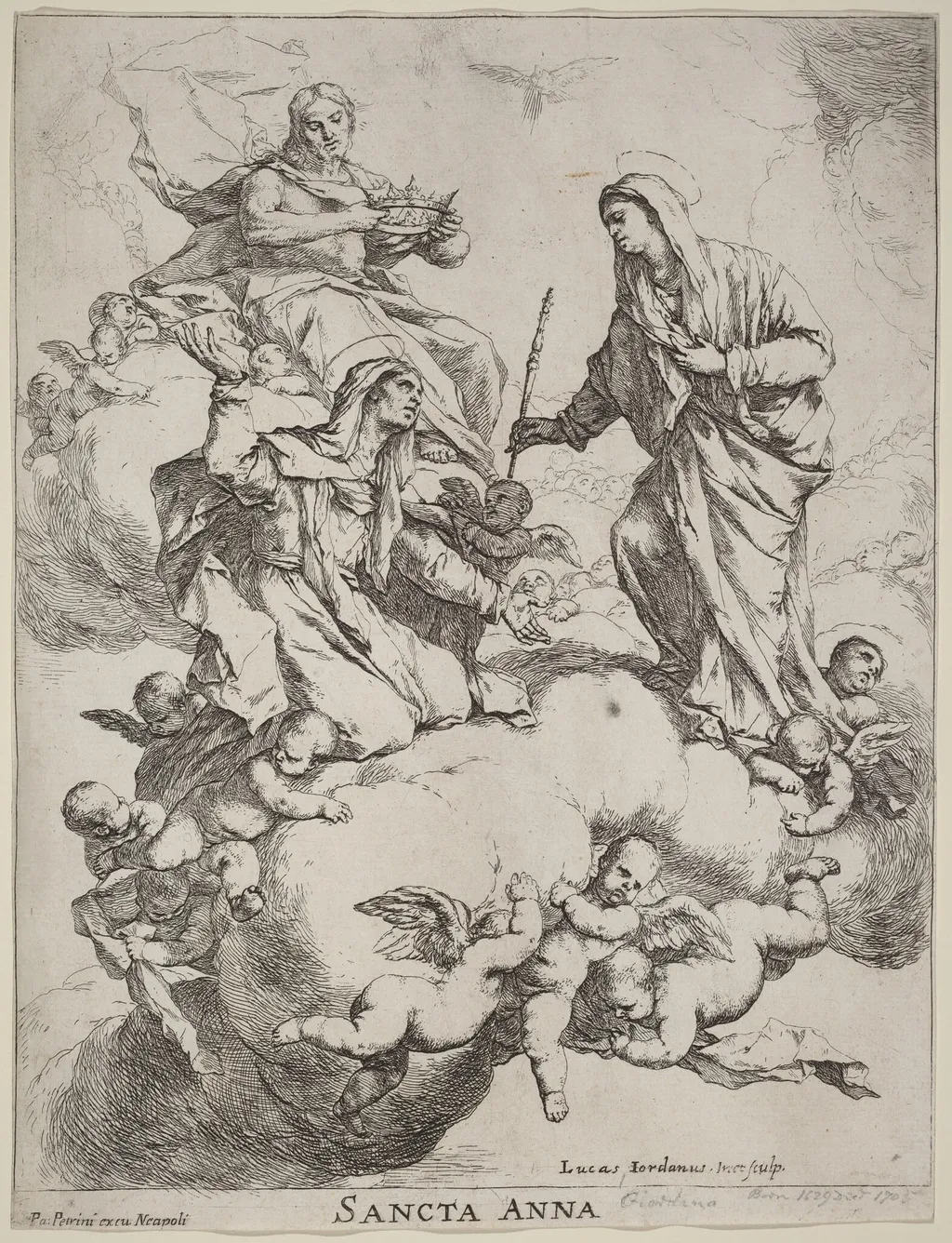 Saint Anne Received by the Virgin and Christ, by Luca Giordano, ink, 1670