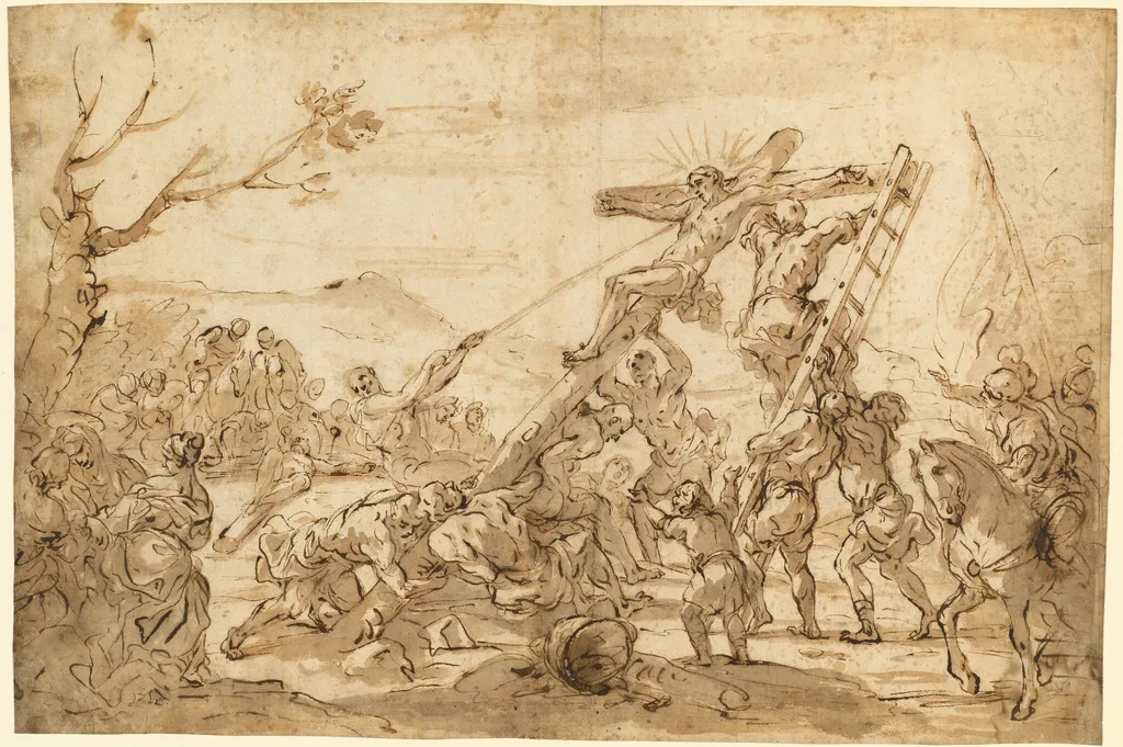 The Raising of the Cross, by Luca Giordano, ink, 1670