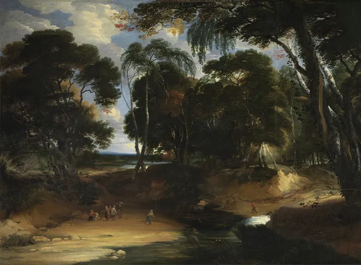 Wooded Landscape with Ford, by Lucas Achtschellinck, oil, 1626
