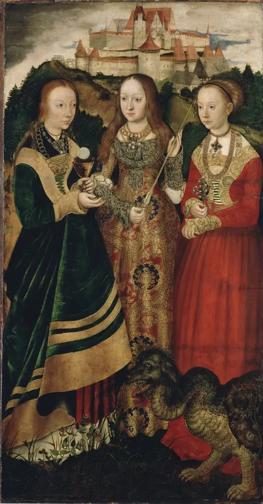 Altarpiece with the Martyrdom of St Catharine: St Barbara, St Ursula, St Margaret [right wing, recto], by Lucas Cranach the Elder