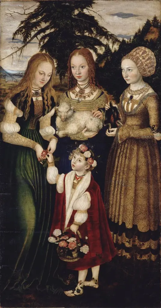 Altarpiece with the Martyrdom of St Catharine: St Dorothea, St Agnes, St Kunigunde [left wing, recto], by Lucas Cranach the Elder