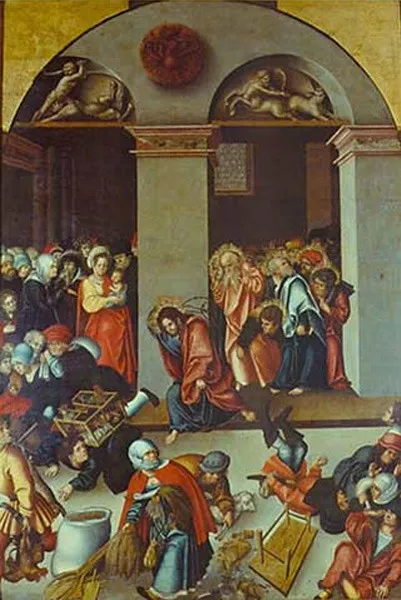 Expulsion of the money changers from the temple, by Lucas Cranach the Elder, oil, 1510