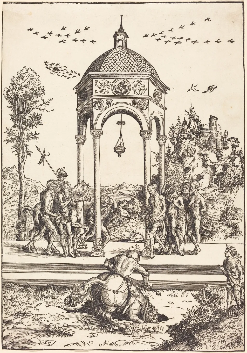 Marcus Curtius Plunging into the Chasm, by Lucas Cranach the Elder, ink, 1512