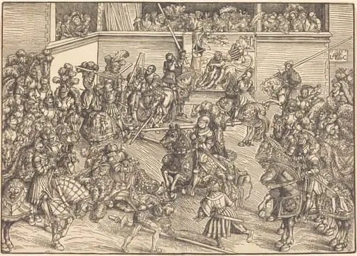 The Second Tournament with the Tapestry of Samson and the Lion, by Lucas Cranach the Elder