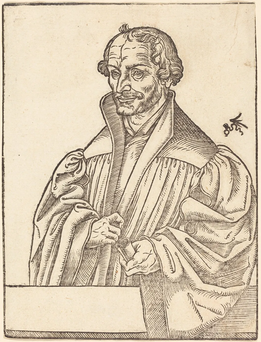Philip Melanchton, Half-Length to the Left, Standing Behind a Breastwork, by Lucas Cranach the Younger, ink, 1550