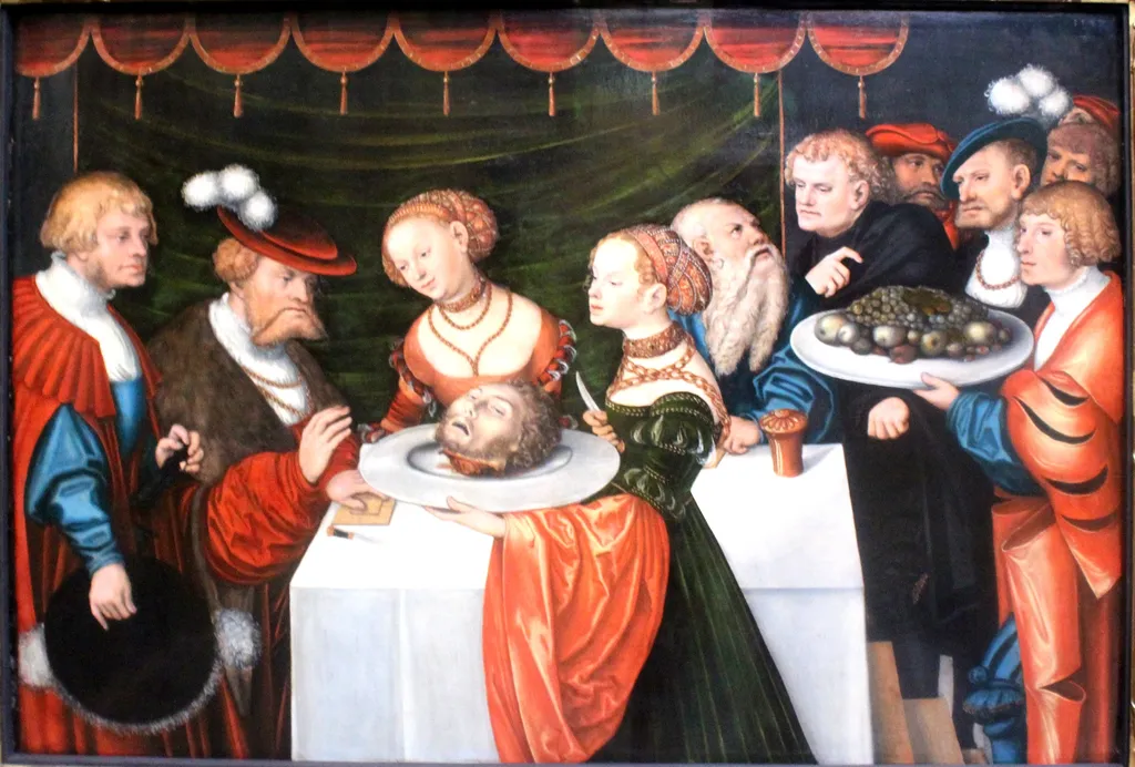 Salome with the head of St John the Baptist at Herodes table, by Lucas Cranach the Younger, oil, 1537