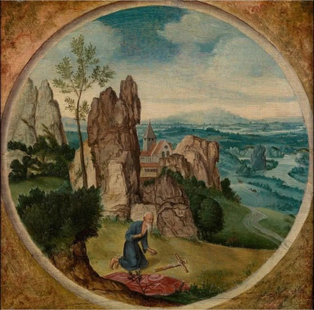 Saint Jerome in a Landscape, by Lucas Gassel, oil, 1550