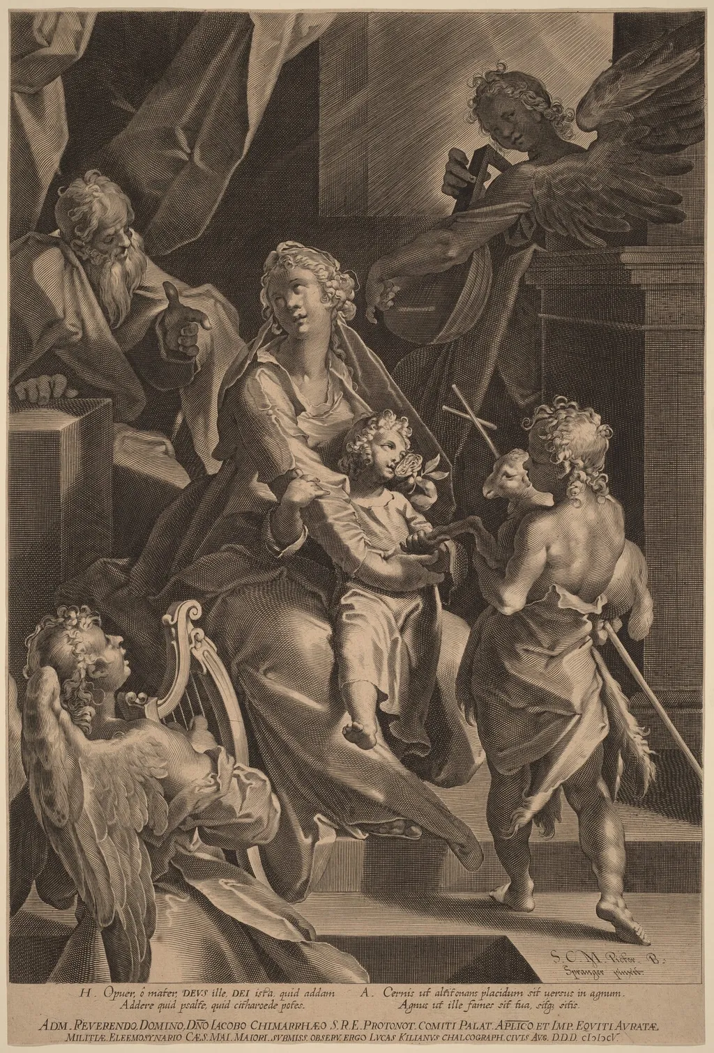 The Holy Family and Two Angels, by Lucas Kilian, ink, 1605