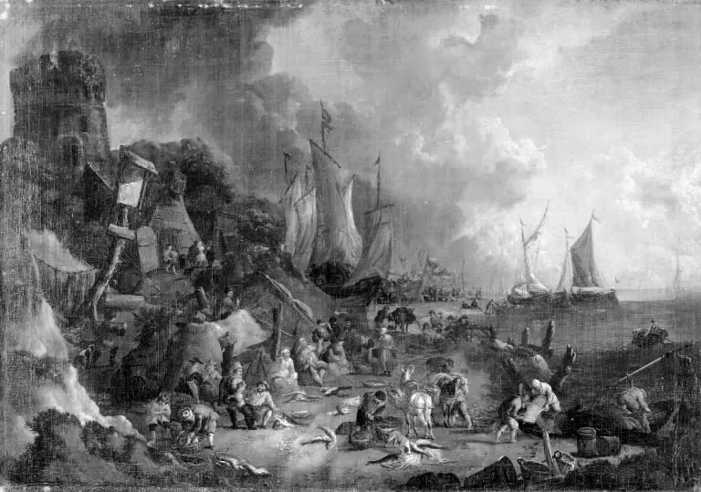 Mountainous Coast with Fishing Boats and Fishermen on the Beach, by Lucas Smout the Younger, oil, 1700
