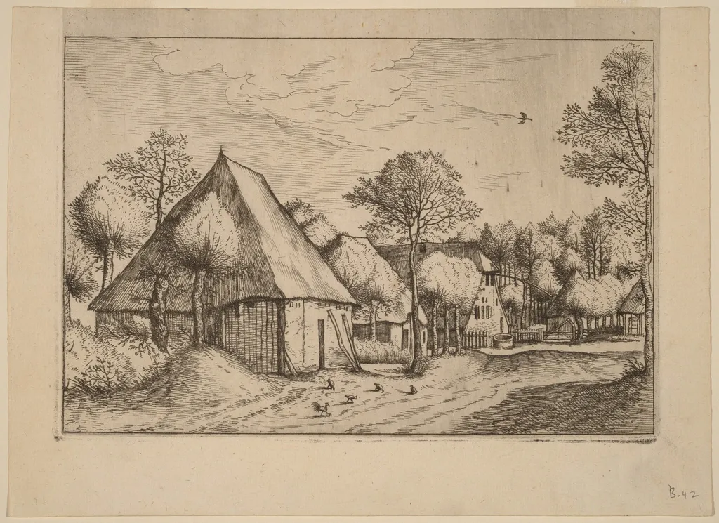 A Farmyard with a Draw Well, by Lucas van Doetechum, ink, 1560