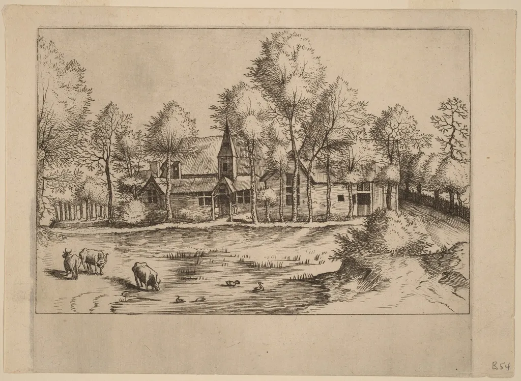 Country Village with Church, by Lucas van Doetechum, ink, 1560