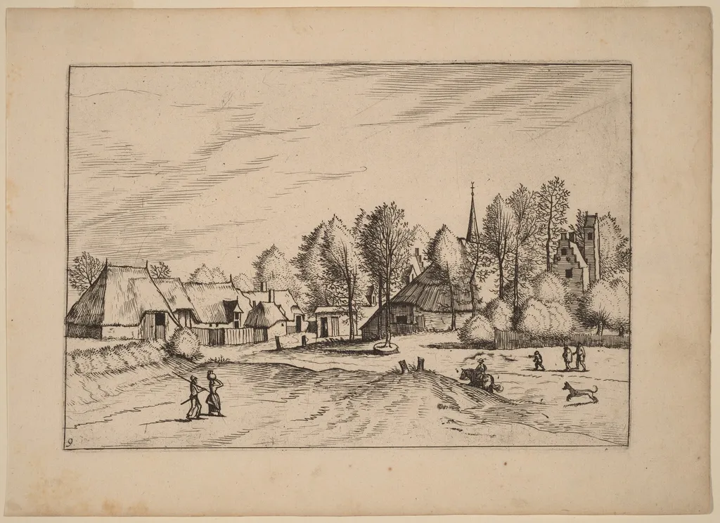 Country Village with Church Tower, by Lucas van Doetechum, ink