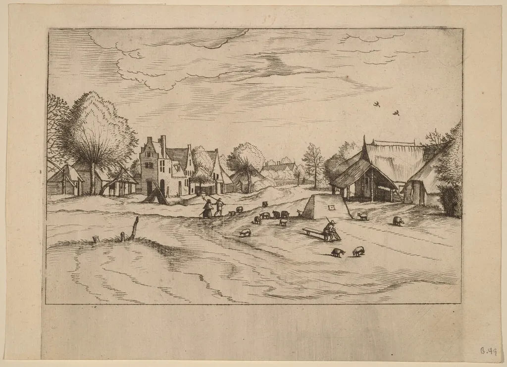 Country Village with Sheep and Sitting Shepherd, by Lucas van Doetechum, ink, 1560