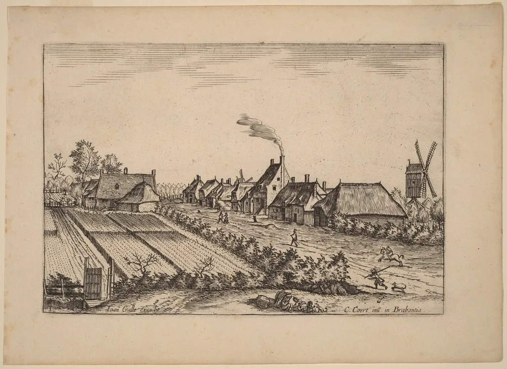 Fields and a Village Road with Post Mill, by Lucas van Doetechum, ink