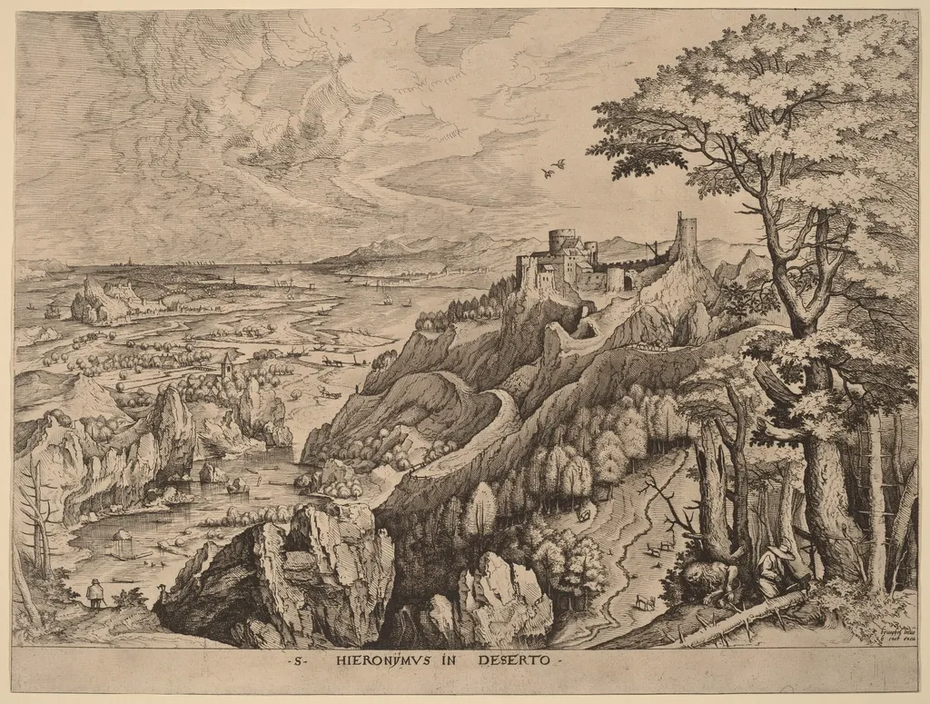 S. Hieronymus in Deserto (Saint Jerome in the Desert), by Lucas van Doetechum, ink, 1556