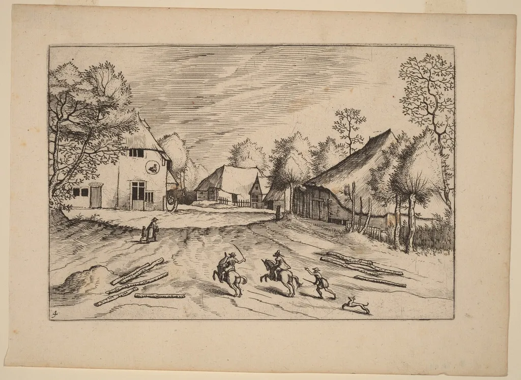 The Swann's Inn with Farms, by Lucas van Doetechum, ink