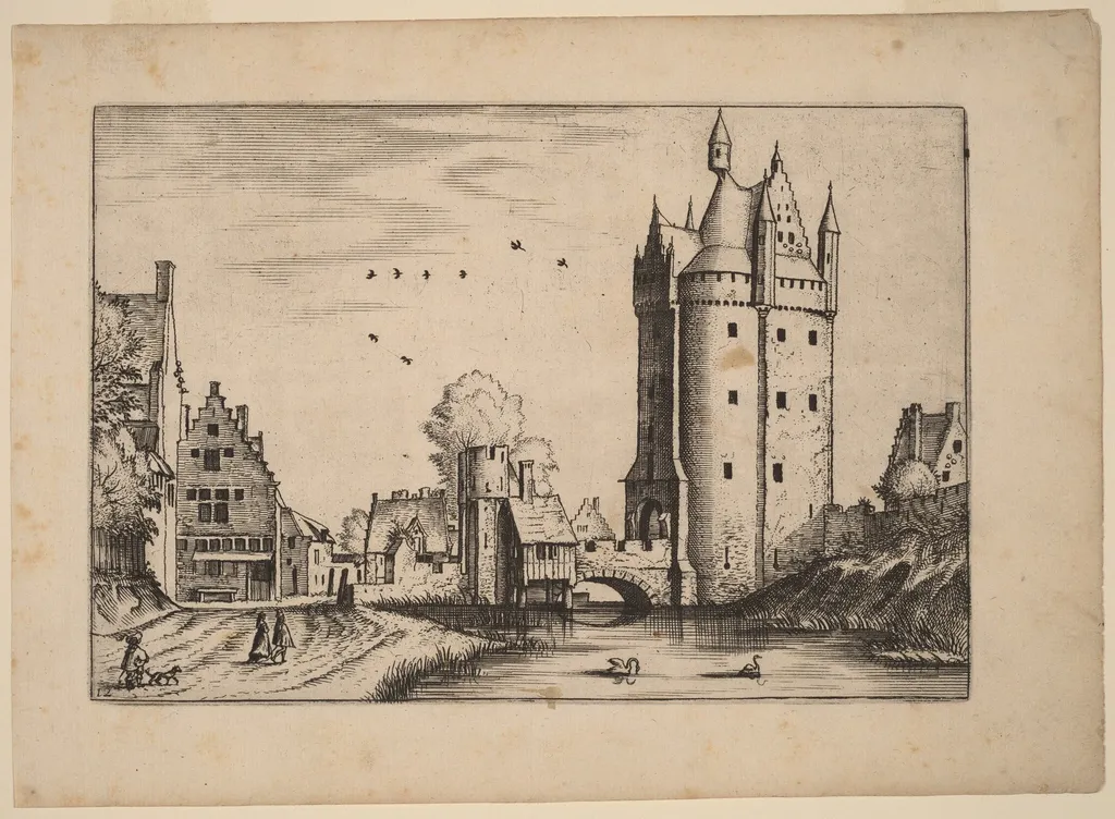 Town Gate with Country Houses, by Lucas van Doetechum, ink