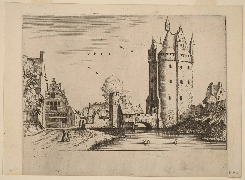 Town Gate with Country Houses, by Lucas van Doetechum, ink, 1560