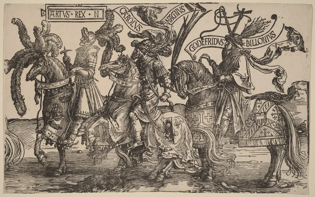 Arthur, Charles the Great (Charlemagne), Godfry of Bouillon, by Lucas van Leyden, ink, 1516