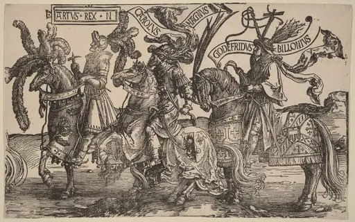 Arthur, Charles the Great (Charlemagne), Godfry of Bouillon, by Lucas van Leyden