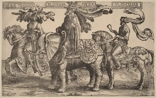 Hector of Troy, Alexander of Macedon, Julius Caesar, by Lucas van Leyden