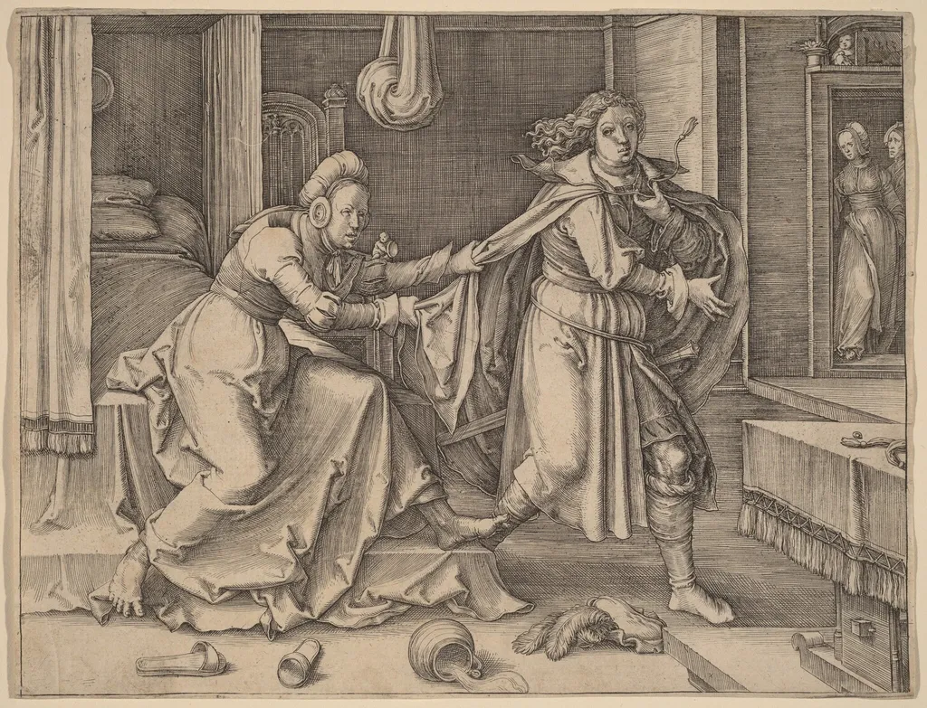 Joseph Escaping Potiphar's Wife, by Lucas van Leyden, ink, 1512