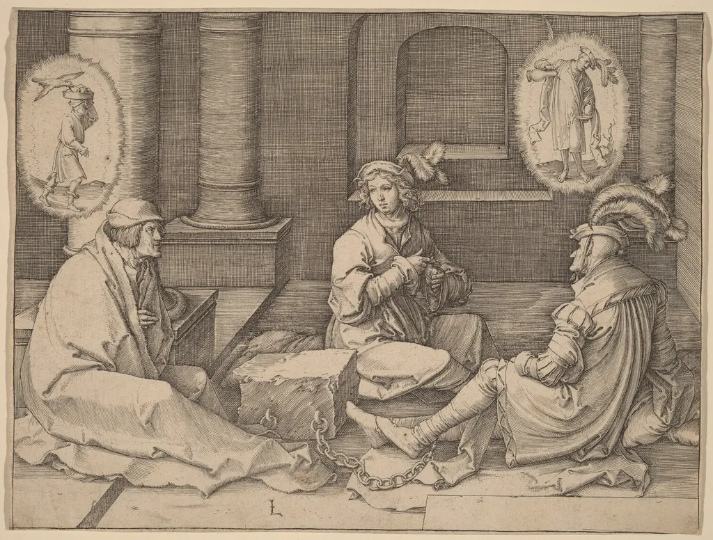 Joseph Interprets the Dreams in Prison, by Lucas van Leyden, ink, 1512