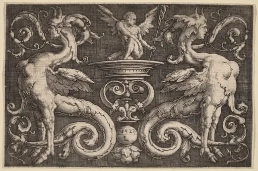 Ornament with Two Sphinxes and a Winged Man, by Lucas van Leyden