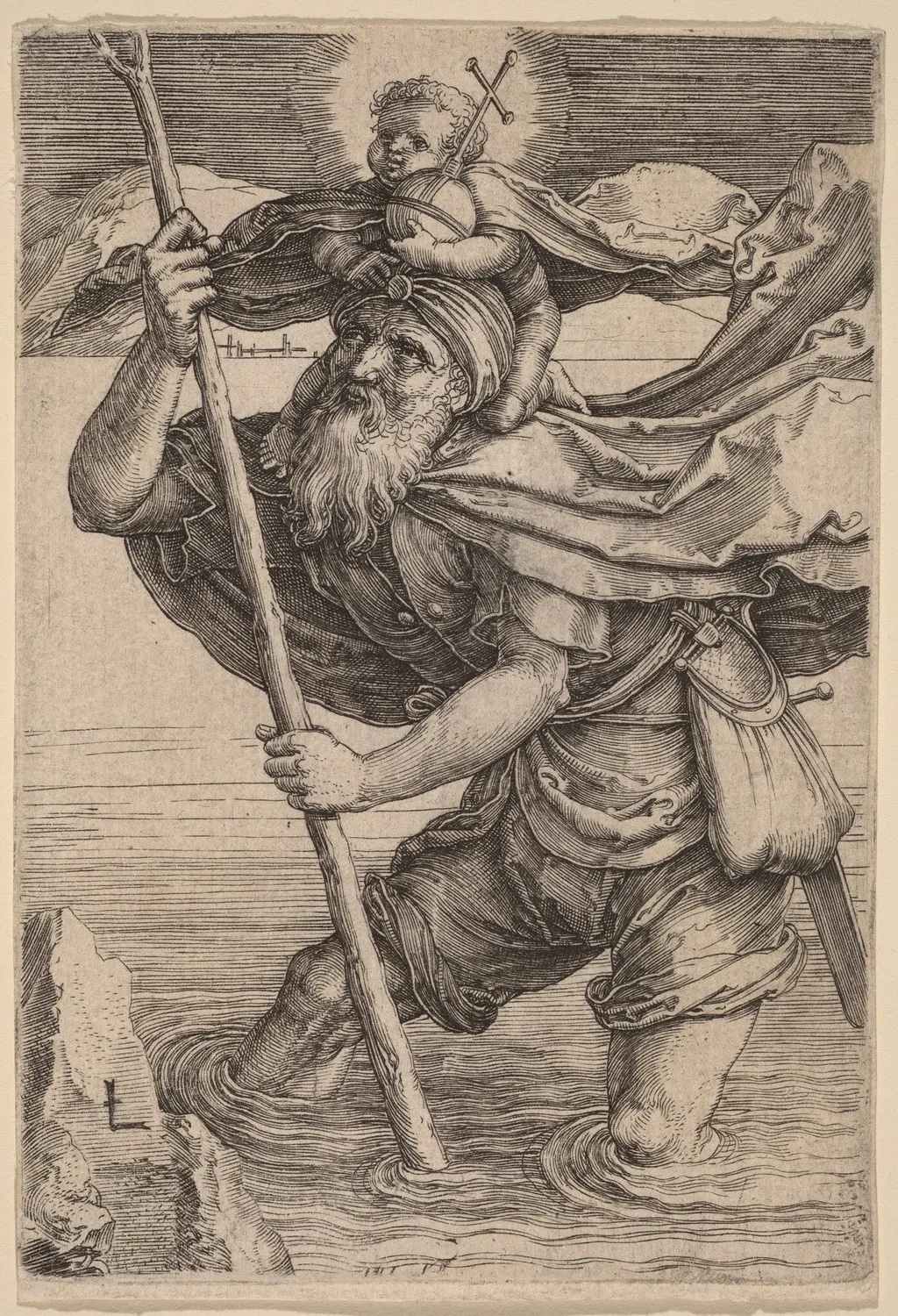 Saint Christopher Carrying the Infant Christ, by Lucas van Leyden, ink, 1521
