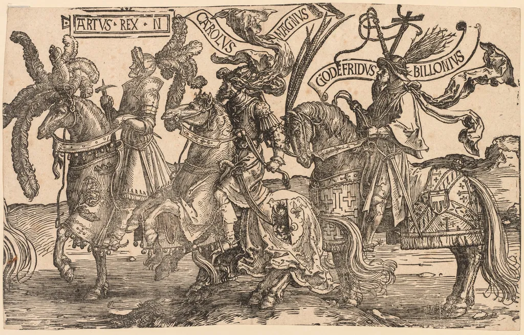 The Nine Heroes: Arthur, Charles the Great (Charlemagne), Godfrey of Bouillon, by Lucas van Leyden, 1516