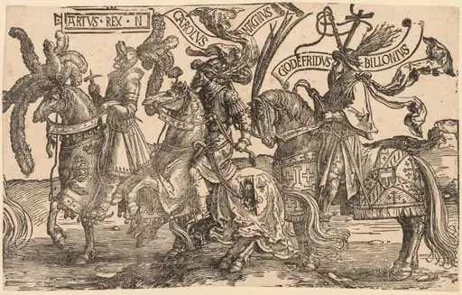 The Nine Heroes: Arthur, Charles the Great (Charlemagne), Godfrey of Bouillon, by Lucas van Leyden