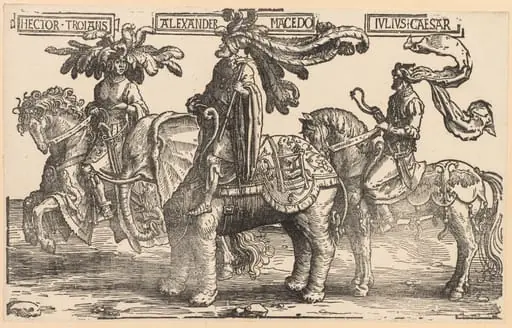 The Nine Heroes: Hector of Troy, Alexander of Macedon, Julius Caesar, by Lucas van Leyden