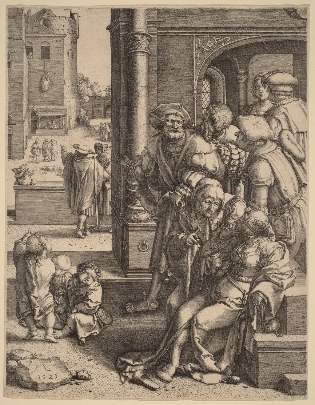The Poet Virgil Suspended in a Basket, by Lucas van Leyden, ink, 1525