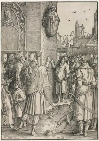 The Power of Women: The Poet Virgil Suspended in a Basket, by Lucas van Leyden, 1512