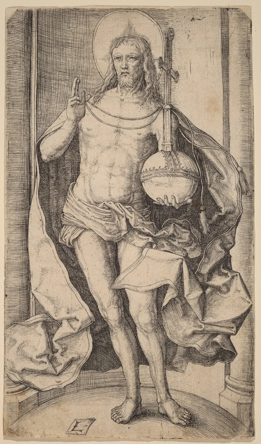 The Savior Standing with the Globe and Cross in His Left Hand, by Lucas van Leyden, ink, 1510