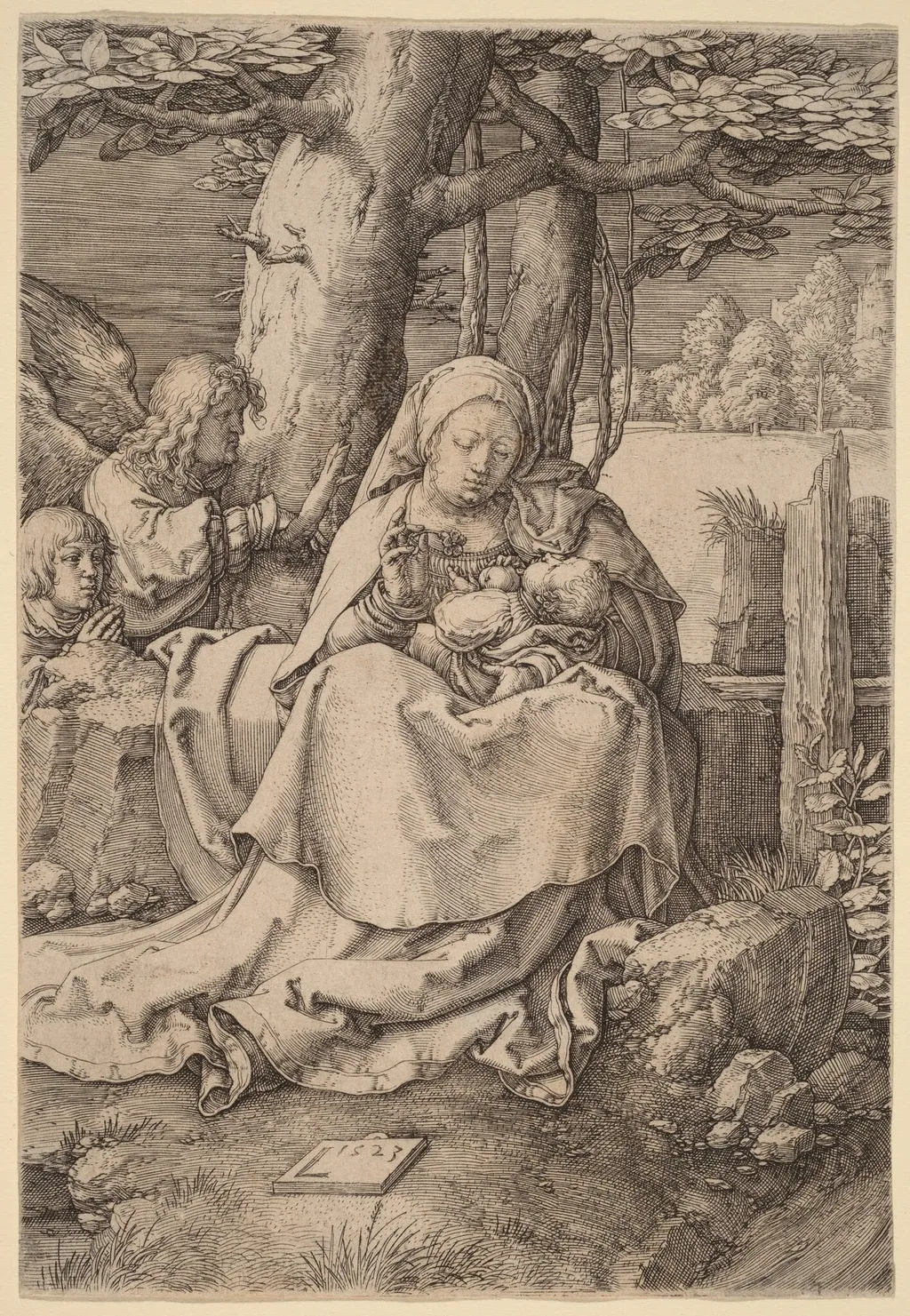The Virgin and Child with Two Angels, by Lucas van Leyden, ink, 1523