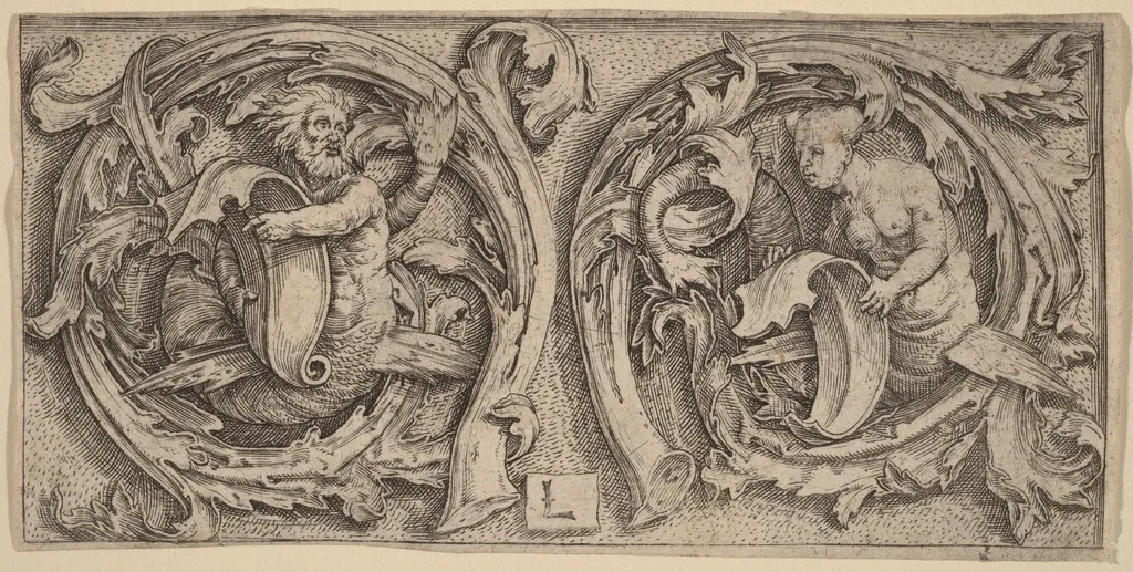 Triton and Siren in Tendrils, by Lucas van Leyden, ink, 1510