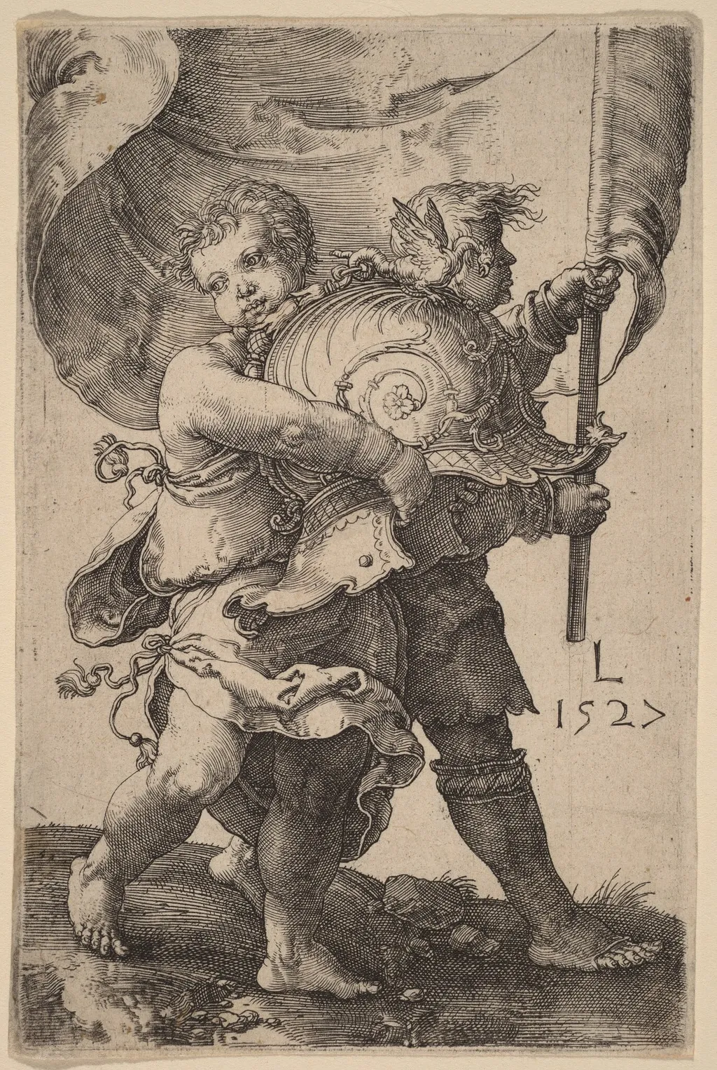 Two Boys with a Helmet and a Standard, by Lucas van Leyden, ink, 1527