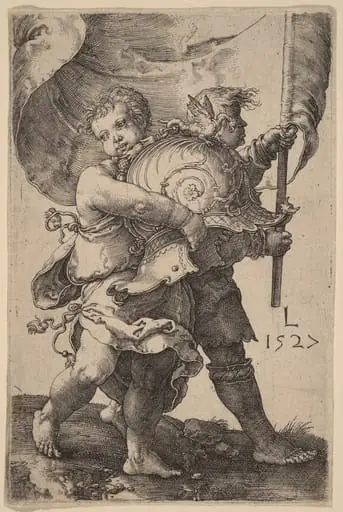 Two Boys with a Helmet and a Standard, by Lucas van Leyden