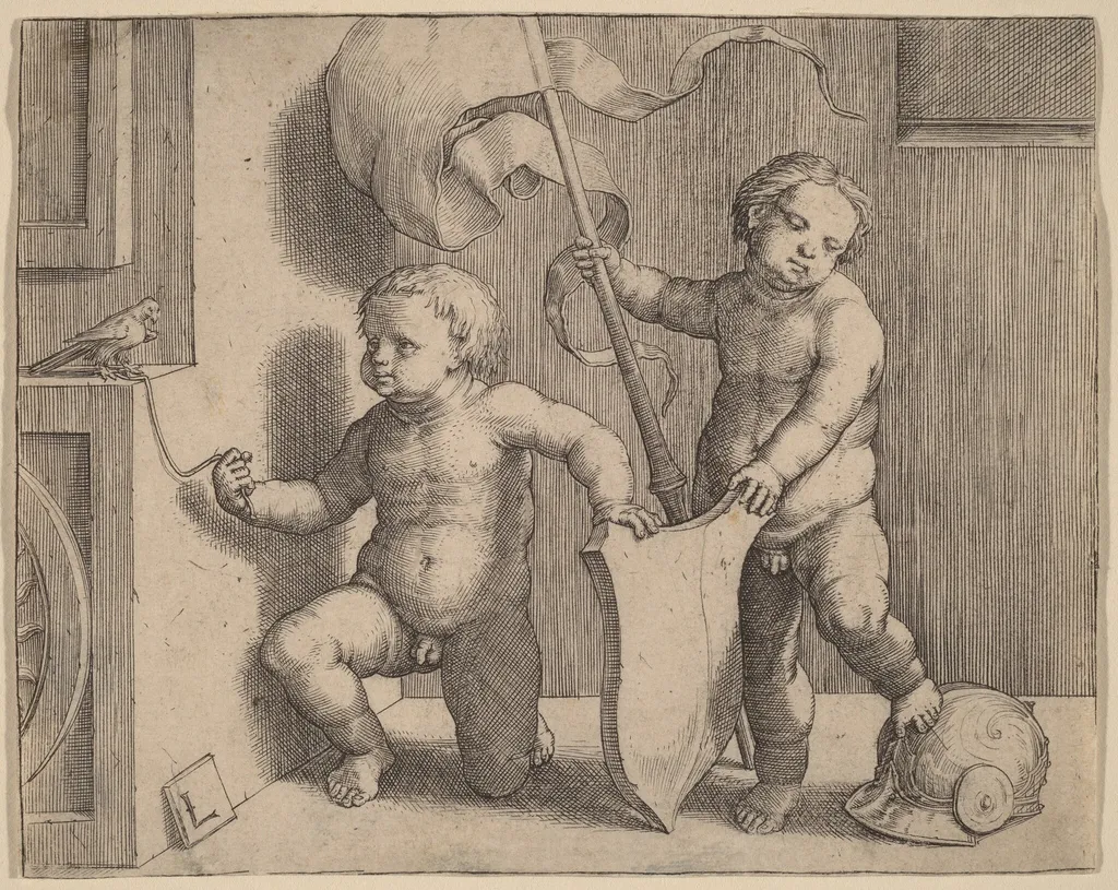 Two Naked Children Supporting a Blank Shield, by Lucas van Leyden, ink, 1519