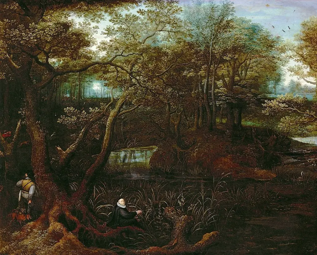 Fisherman at the forest pond (with self portrait), by Lucas van Valckenborch