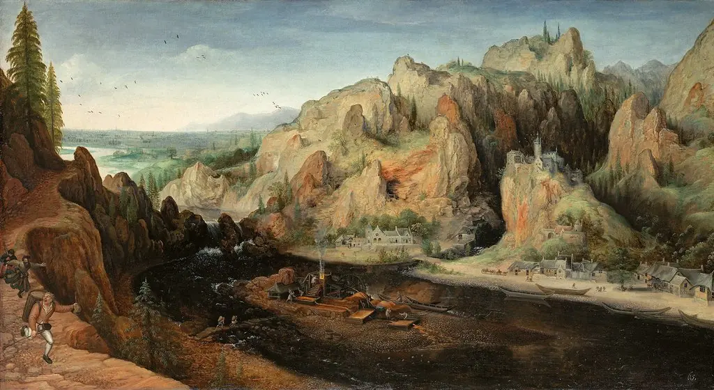 Gebirgslandschaft mit räuberischem Überfall und Stuckofen, by Lucas van Valckenborch