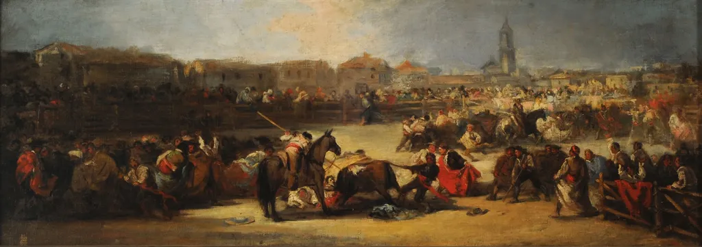 Bullfight in a village, by Lucas Velázquez, oil, 1850