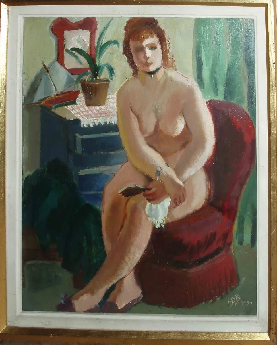Nud în fotoliu roșu, by Lucia Dem-Bălăcescu, unspecified